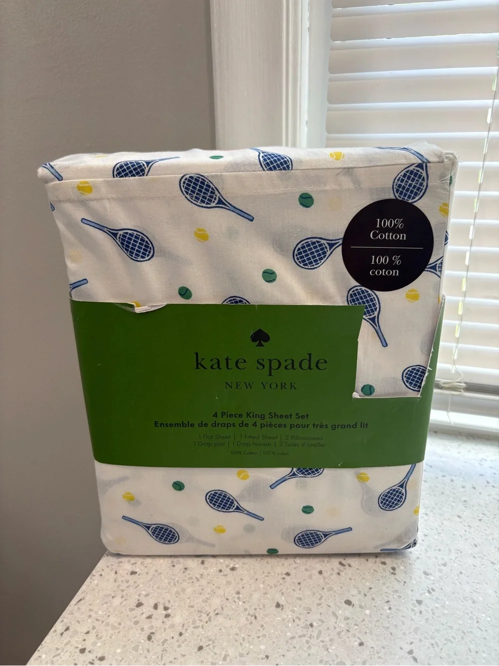 NEW Kate Spade New York Tennis Print Cotton King Sheet Set - White & Navy